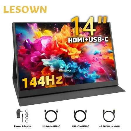 LESOWN 144Hz 1920x1080 14-inch Portable Monitor 2K LCD Widescreen USB-C HDMI Laptop Travelling Sub-Monitor for Switch TV Box PC