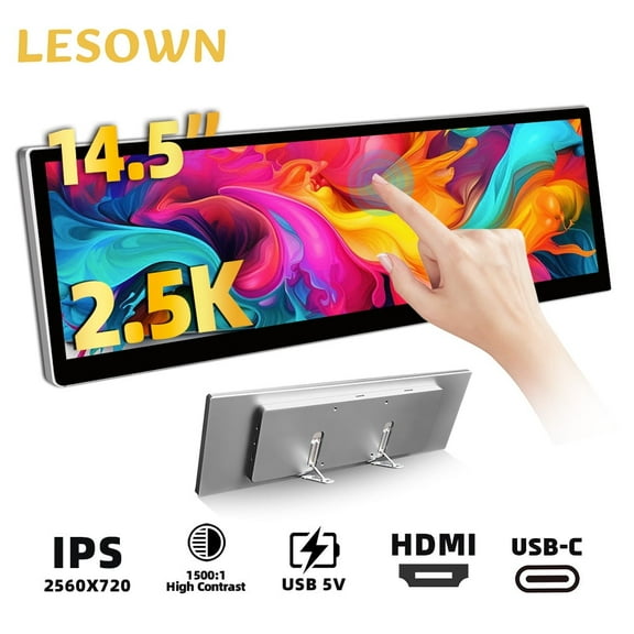 LESOWN 2.5K 14.5-inch Portable Monitor HDMI Dual Type-C Long Strip Touchscreen 2560720 IPS 10-point Touch Stereo Speakers Laptop Secondary Screen for Raspberry Pi 5 Windows 11 Linux Plug & Play