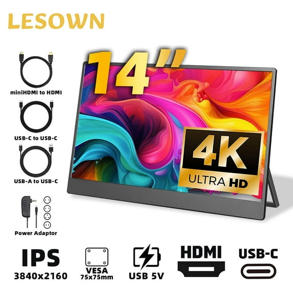 LESOWN 4K 14 inch Portable Gaming Monitor 3840x2160 USB C HDMI PC Second Screen External LCD Display Widescreen With Adjustable Stand for Laptop Switch TV Box