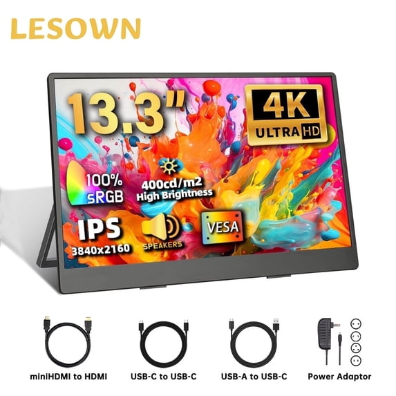 LESOWN 4K UHD 3840x2160 IPS Portable LCD Screen Monitor 13.3 inch HDMI-Compatible USB C Laptop External Display for PC Cameras Plastic Shell
