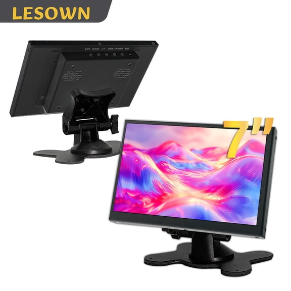 LESOWN 7 Inch Small Security Monitor Portable Displays 1024x600 IPS Auxiliary Screen Built-in Speakers Portable LCD Monitor Black with Stand