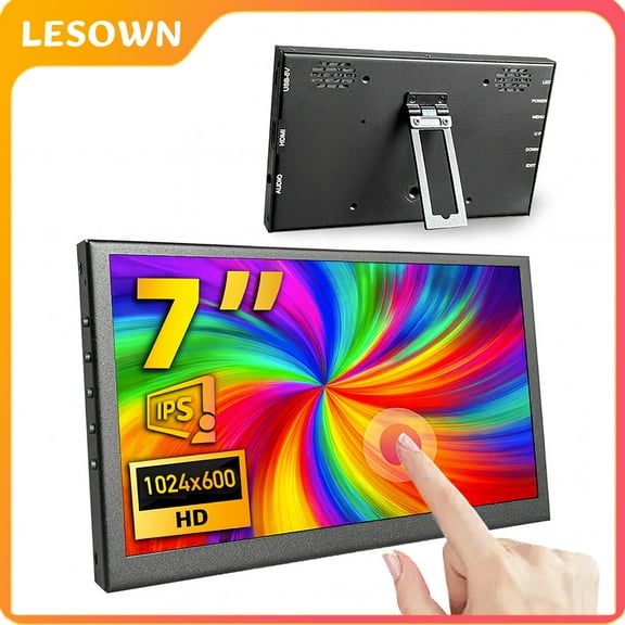 LESOWN 7-inch Portable Touchscreen Monitor HD 1024600 IPS Extend Display Capacitive Touch HDMI & USB-C Ultra-Thin for Raspberry Pi PC Temp Monitoring With Stand
