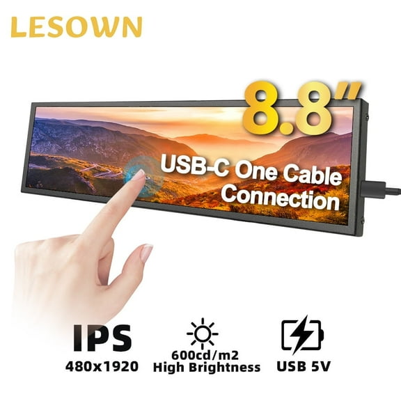 LESOWN 8.8 inch IPS Secondary Screen Type C Display 480x1920 Long Strip Touchscreen Monitor Laptop Screen Extender for Laptop PC