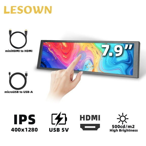 LESOWN Long Strip Touchscreen 7.84 Inch Portable Sidebar Monitor 400x1280 IPS Second Screen HDMI AIDA64 Sensor IPS Panel CPU Temp Monitor for Raspberry Pi PC