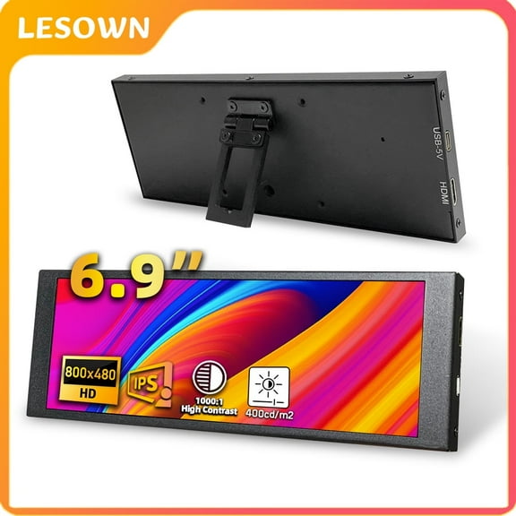 LESOWN Mini Stretched Bar Monitor 6.9-inch Full HD 480x1280 Ultra-wide Display IPS HDMI USB Raspberry Pi Secondary Screen for PC Case Aida64 Laptop