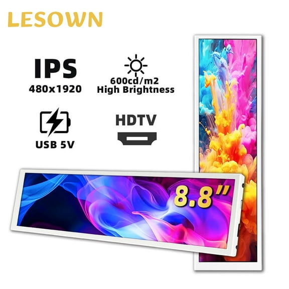 LESOWN Portable Strip Screen 8.8 inch Wide Bar Display HDMI USB Extended Monitor IPS 480x1920 GPU Temp Monitoring for Raspberry Pi Laptop White