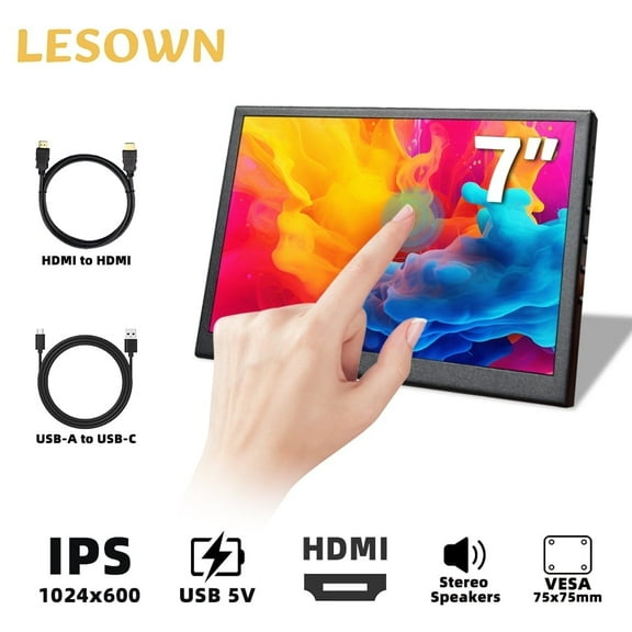 LESOWN Small Wide Monitor 7 inch Touch Screen 1024x600 IPS HDMI USB Portable Display with Speakers for Raspberry Pi Computer