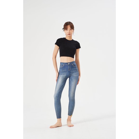 LESTIGE Denim-Look High Waist Leggings, Vintage Wash, Made in Korea