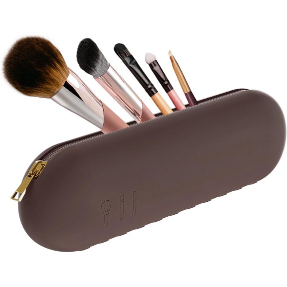 LESYAO Travel Makeup Brush Holder, Silicone Make up Brush Organizer Bag, Zipper Anti-Fall Out Makeup Brush Pouch for Daily, Work or Gift Giving - Coffee