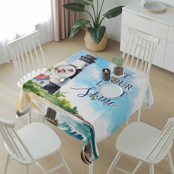 LET YOUR LIGHT Shine Table Cloth 54x54in, Waterproof Square Tablecloth Wipeable Tablecloths Watercolor Ocean Beach Lighthouse Table Covers for Dining Tables Party Indoor Outdoor