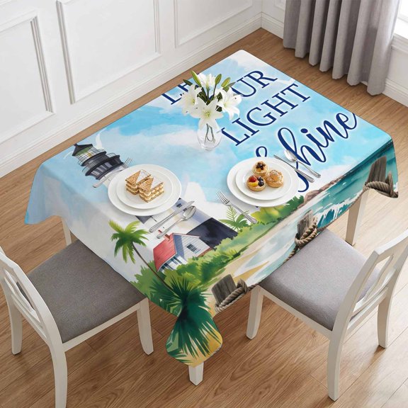 LET YOUR LIGHT Shine Table Cloth 60x84in, Waterproof Rectangle Tablecloth Wipeable Tablecloths Watercolor Ocean Beach Lighthouse Table Covers for Dining Tables Party Indoor Outdoor