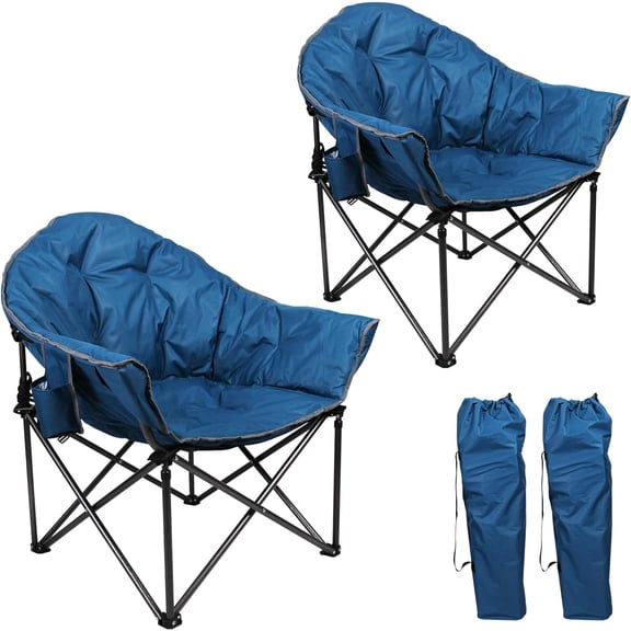 LET'S CAMP Heavy-Duty Oversize Camping Chair Round Moon Saucer Chair Padded with Cup Holder and Carry Bag Folding Chair,2 Pack,Navy