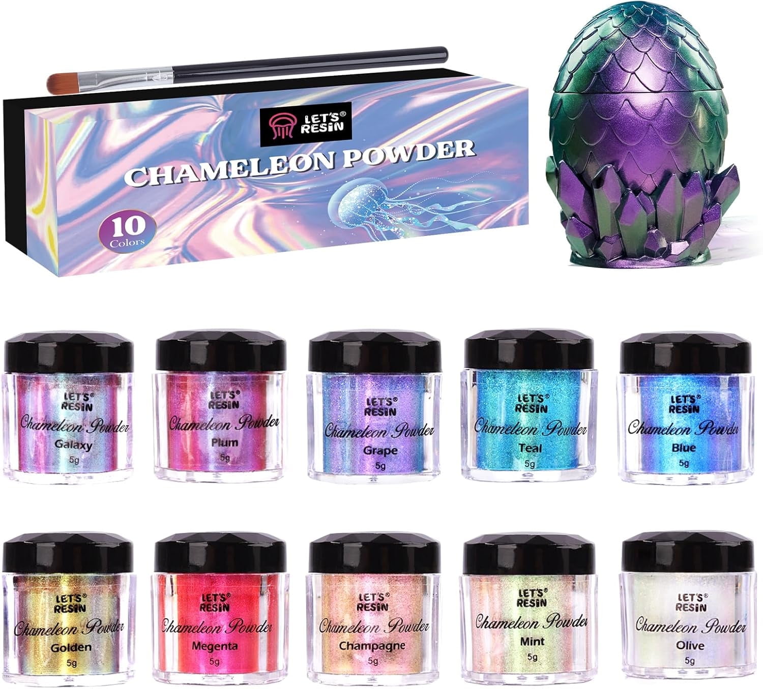 LET'S RESIN Chameleon Mica Powder, 10 * 5g Color Shifting Mica for Epoxy Resin/Tumbler, Saturated Chrome Pigment for Oil Painting,Slime,Nails