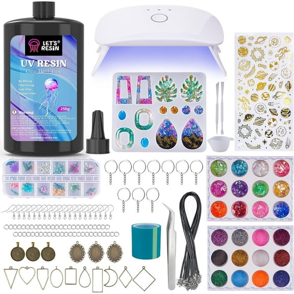 LET'S RESIN Jewelry Kit - 153Pcs Clear Resin with UV Lamp & Accessories for Keychains & DIY Jewelry, Christmas Gifts, Holaday Gifts, UV resin for Beginner