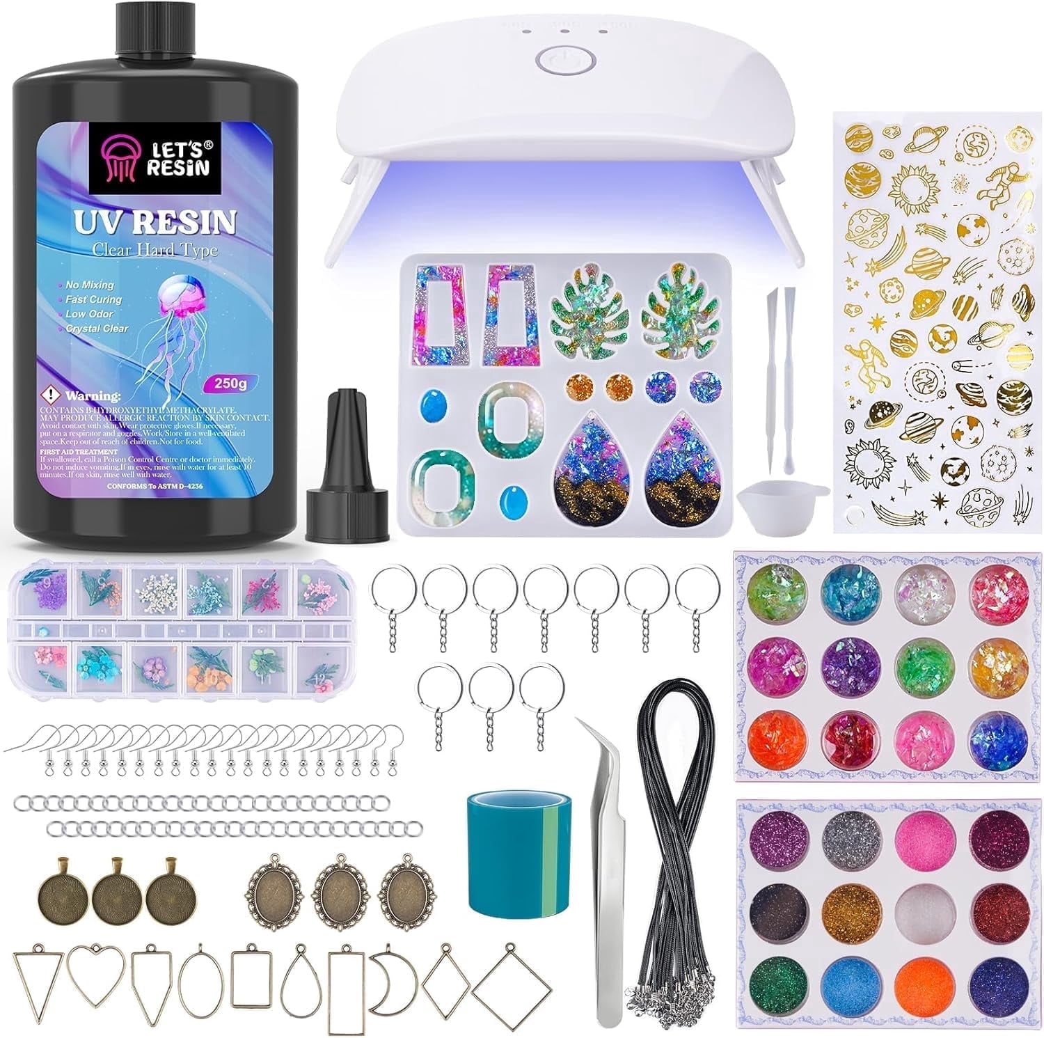 LET'S RESIN All-In-One Jewelry Making Kit - 153Pcs Clear Resin with UV Lamp & Accessories for Keychains & Diy Jewelry, Gift UV Resin for Beginners
