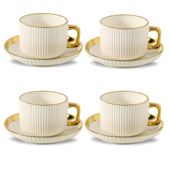 LETAOTAO Cappuccino Cups with Saucers, 8oz Ceramic Coffee Cups with Saucers Set, Latte Art Coffee Mugs with Gold Trim, Tea Cups Set of 4, British/Italian Coffee cups for Cafe Mocha, Double Espresso