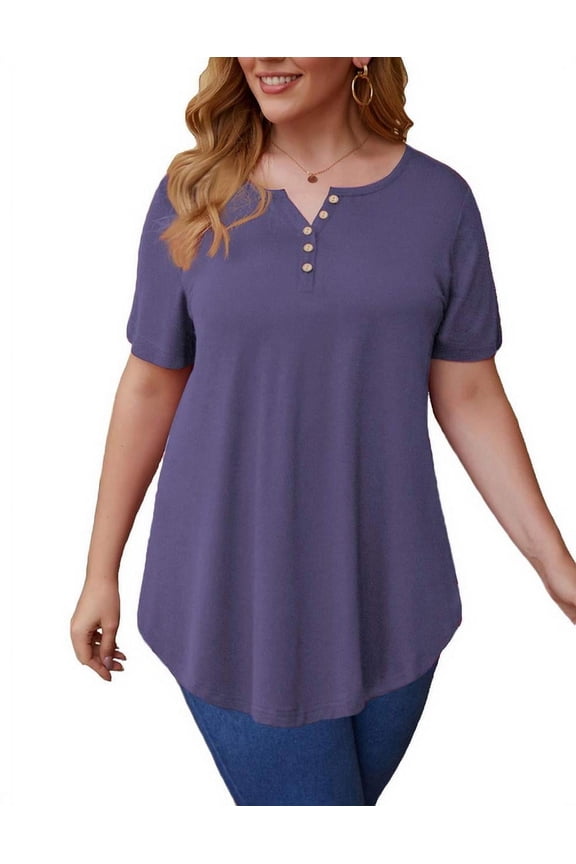Women's Plus Size Shirts Short Sleeve V Neck Floral Henley Blouse Tunic Top