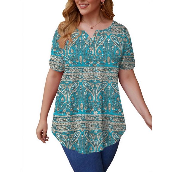 LETDIOSTO Women's Plus Size Shirts Short Sleeve V Neck Floral Henley Blouse Tunic Top