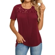LETDIOSTO Women's Plus Size Tops Short Sleeve Shirts Lace Pleated Tunic Causal Tee Blouses M-4XL