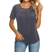 LETDIOSTO Women's Plus Size Tops Short Sleeve Shirts Lace Pleated Tunic Causal Tee Blouses M-4XL