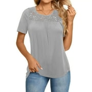 LETDIOSTO Women's Plus Size Tops Short Sleeve Shirts Lace Pleated Tunic Causal Tee Blouses M-4XL