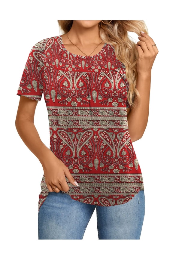 Women's Plus Size Tops Short Sleeve Shirts Lace Pleated Tunic Causal Tee Blouses M-4XL
