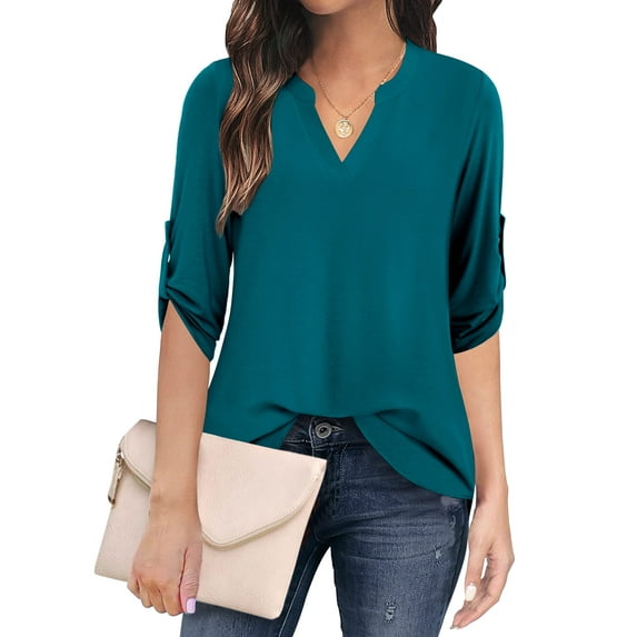 LETDIOSTO Womens Plus Size Shirts 3/4 Roll Sleeve V Neck Floral Flowy Blouses Tunic Tops