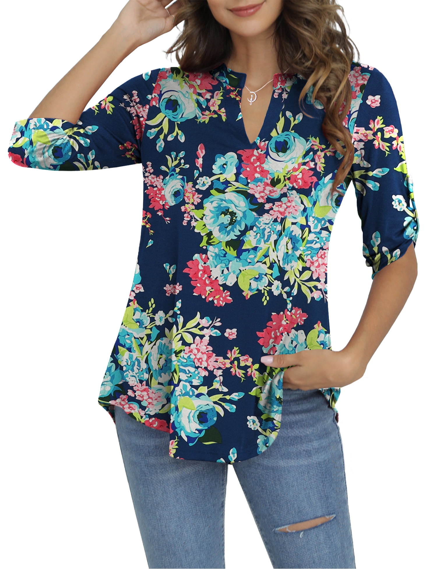 LETDIOSTO Womens Plus Size Shirts 3/4 Roll Sleeve V Neck Floral Flowy ...
