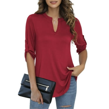 LETDIOSTO Womens Plus Size Shirts 3/4 Roll Sleeve V Neck Floral Flowy Blouses Tunic Tops