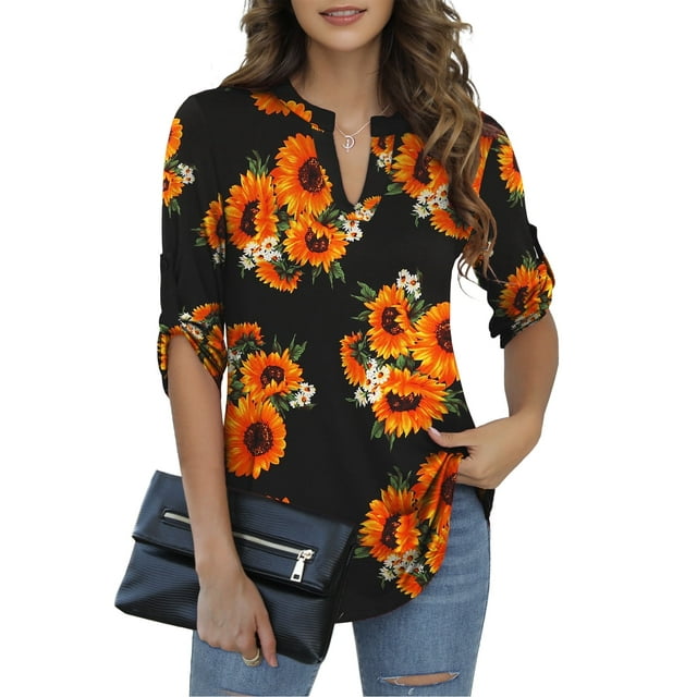 LETDIOSTO Womens Plus Size Shirts 3/4 Roll Sleeve V Neck Floral Flowy Blouses Tunic Tops