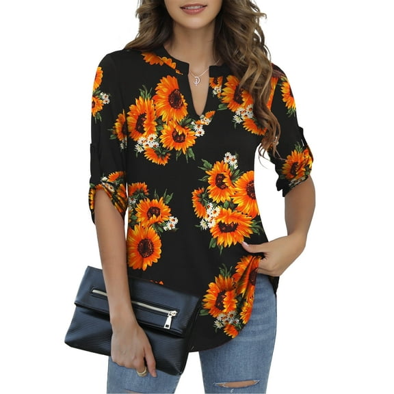 LETDIOSTO Womens Plus Size Shirts 3/4 Roll Sleeve V Neck Floral Flowy Blouses Tunic Tops