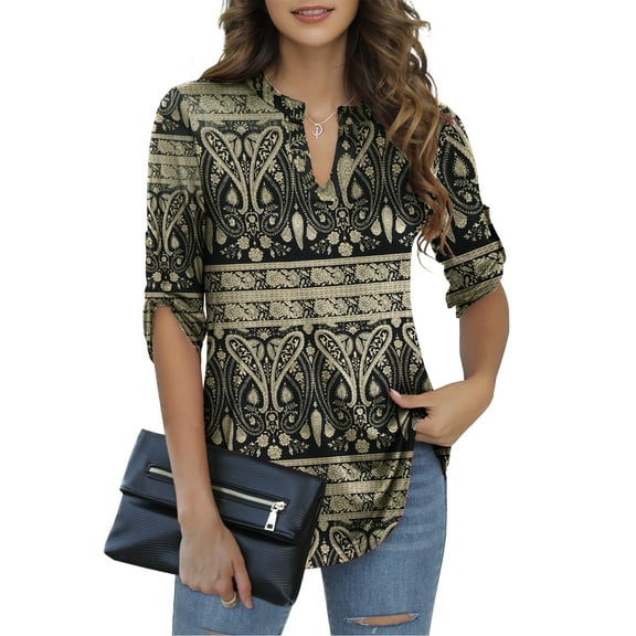 LETDIOSTO Womens Plus Size Shirts 3/4 Roll Sleeve V Neck Floral Flowy Blouses Tunic Tops