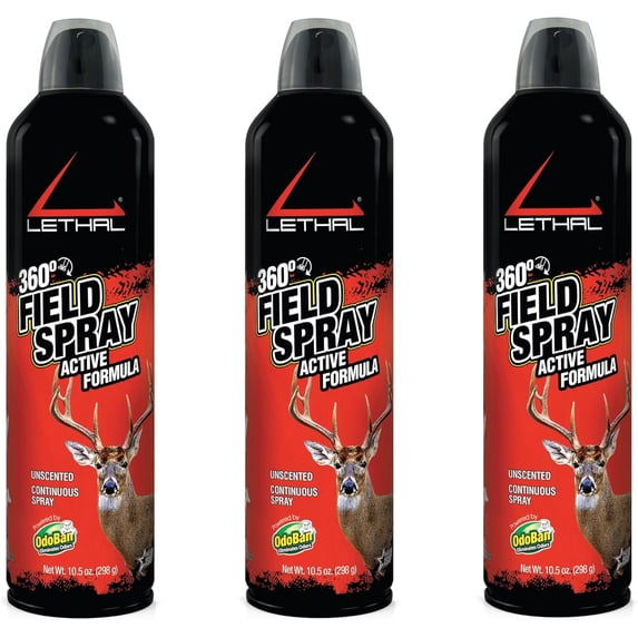 LETHAL 360-Degree Field Spray Active Formula with Human Scent Eliminating Agent for Hunting Clothes, Gear, and Equipment, Unscented, 10 Ounce Spray Bottle, Set of 3