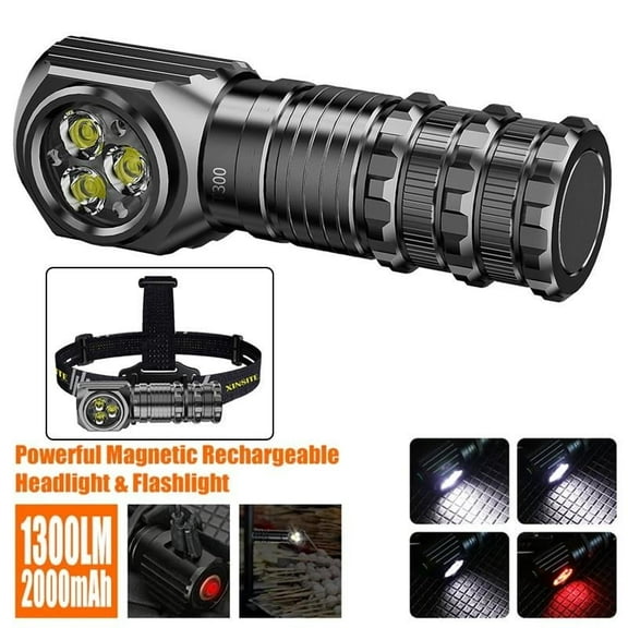 LETOUR 1300LM Super Bright 3 LED Headlamp Flashlight with Magnet Tail Red Light 7 Lighting Modes Headlight 18650 Battery Rechargeable Head Torch for Camping Fishing Hunting Emergency Lighting