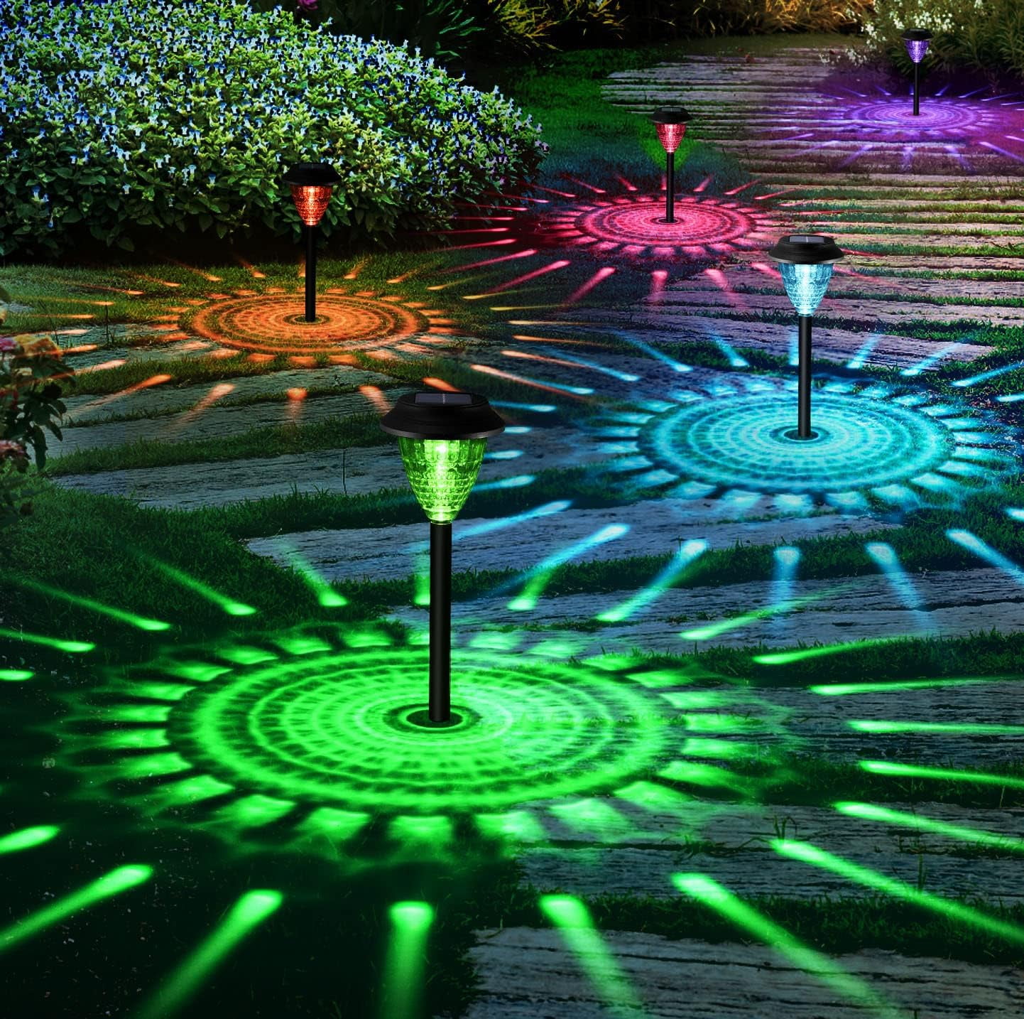 Solar Outdoor LED Pathway Lights, RGB Colorful & Warm White Modes, Auto On/Off, Waterproof  Large Battery & Solar Panel for 6-13Hrs Illumination（8 Pack）
