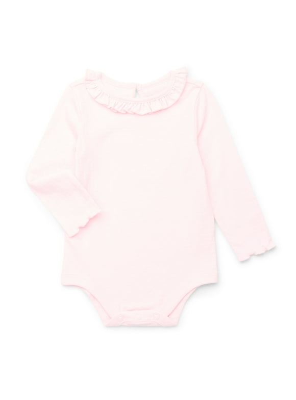 Baby Girl Lettuce Edge Bodysuit with Long Sleeves, Sizes 0-24 Months