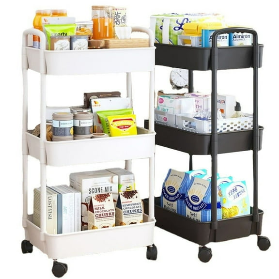 LEUCHTAMOR 3-Tier Plastic Rolling Utility Cart with Handle, Multi-Functional Storage Trolley for Office, Living Room, Kitchen, Movable Storage Organizer with Wheels, White