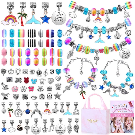 LEUCHTAMOR Charm Bracelet Making Kit for Girls, Kids' Jewelry Making Kits,Bangles Bracelets Making Kits with Gift Box-85 Pcs