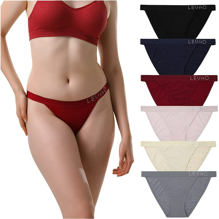 LEVAO Cotton Underwear Women Cheeky Panties Rhinestone Logo Low Rise String Bikini  Panties 6 Pack S-XL 
