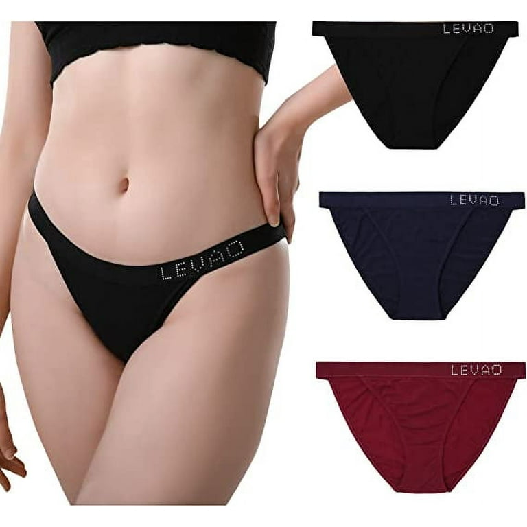 LEVAO Cotton Underwear Women Cheeky Panties Rhinestone Logo Low Rise String  Bikini Underwear 3 Pack S-XL 