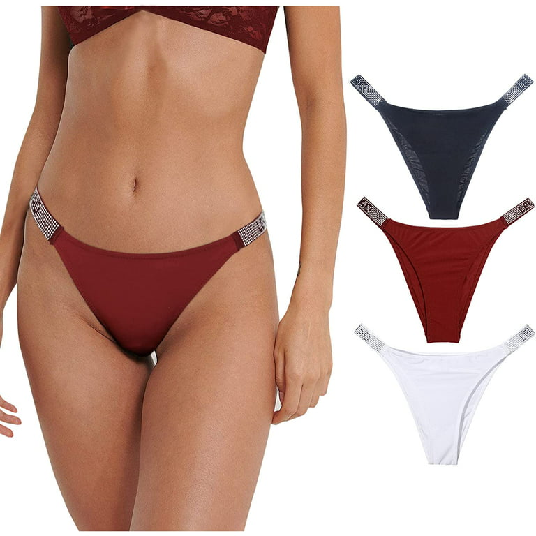 LEVAO Sexy Panties Women Thongs Letter Rhinestones G-String Low-Rise Tanga  Stretch Underwear Bikini 3 Pack S-XL