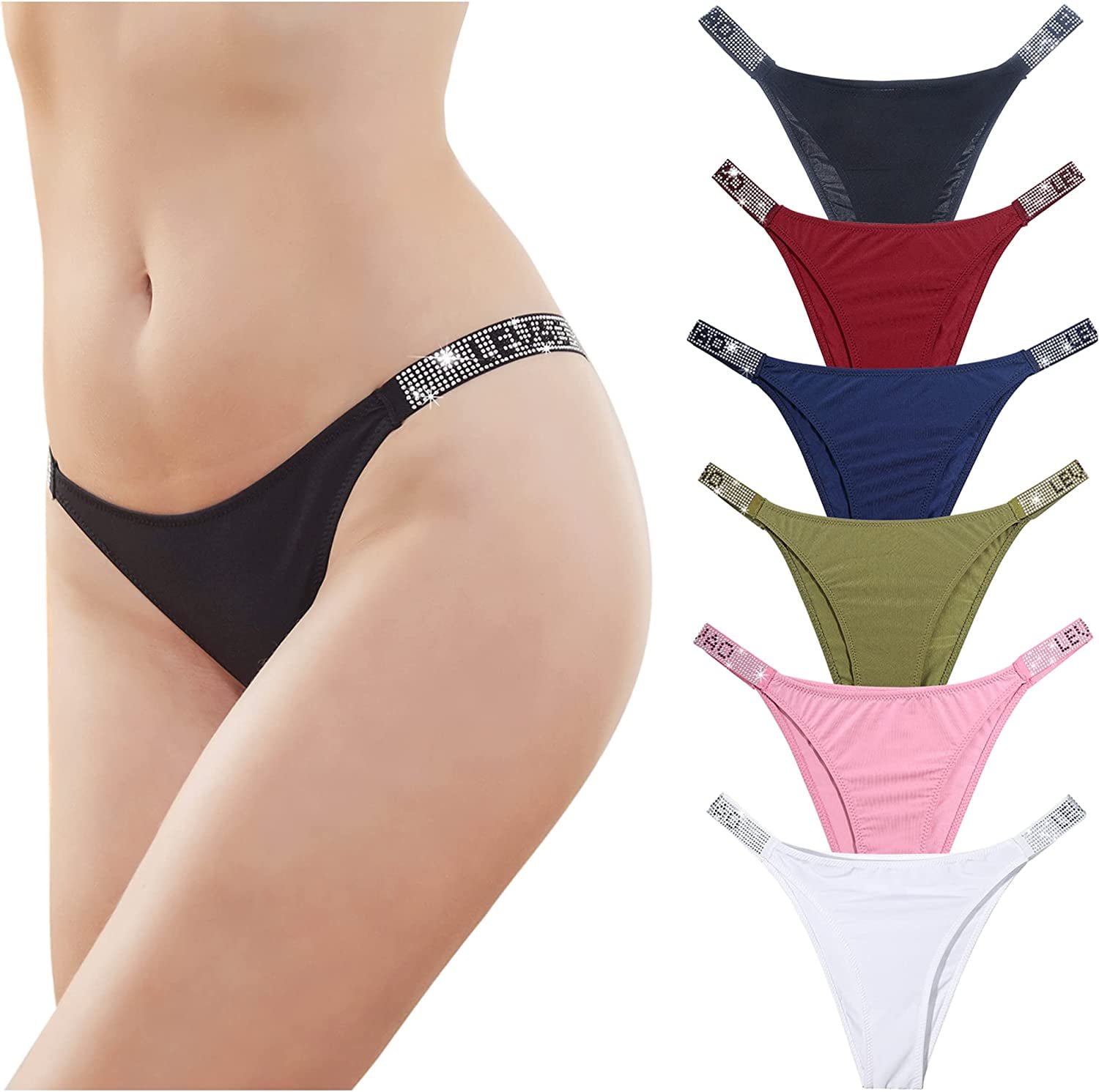 Women Sexy Workout Rhinestone Low Waist Panties Hipster Bikini Thongs  Underwear
