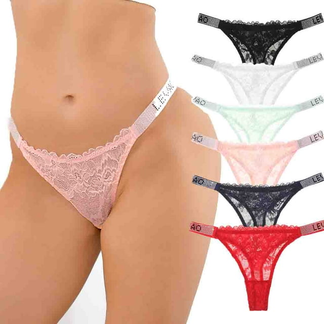 Levao Sexy Rhinestone Letter Thongs Lace Low Waist Panties G String For Women S，6 Pack