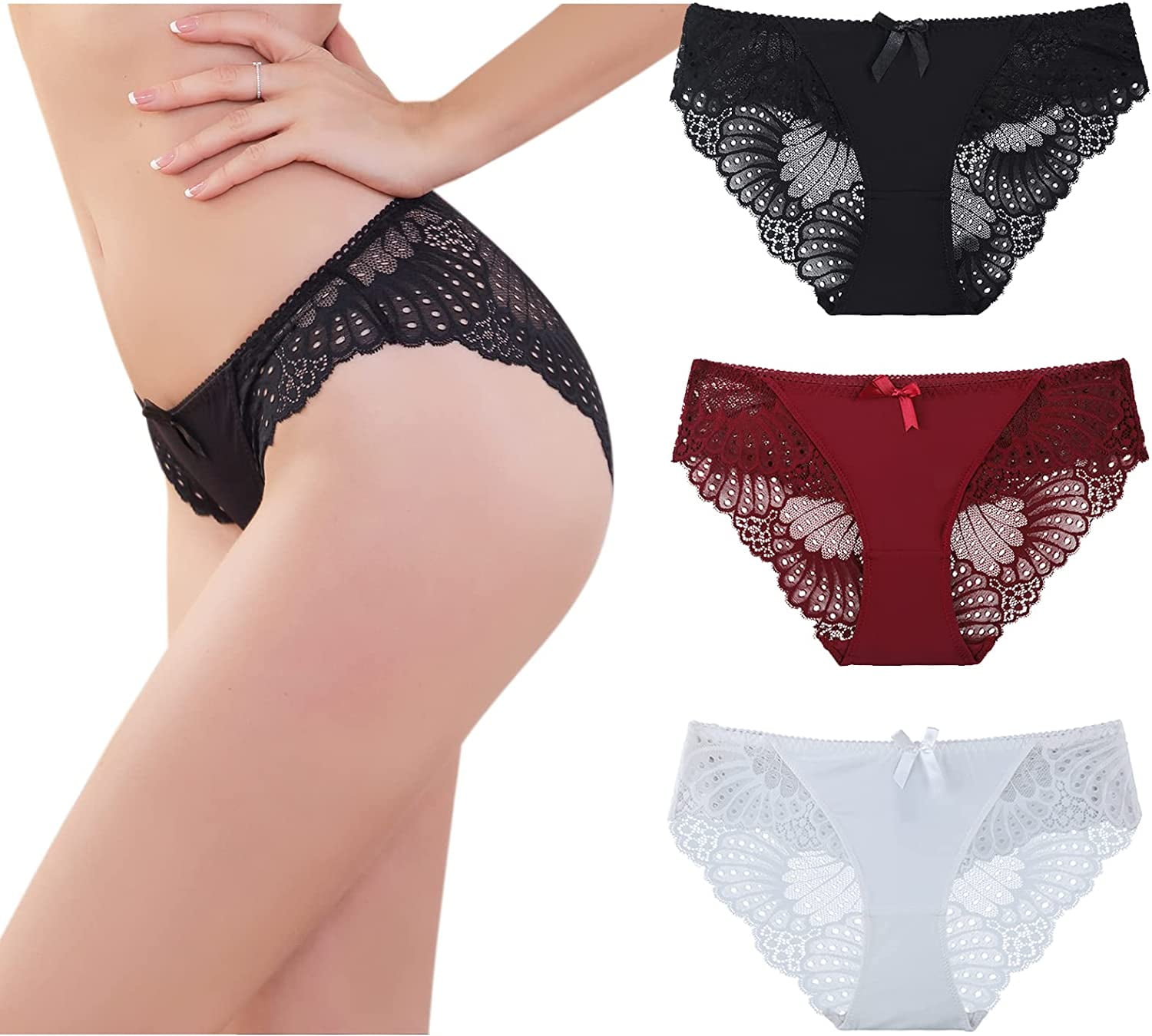 LEVAO Women Cheeky Underwear Soft Stretch Briefs Low Rise Lace Bikini  Panties 3 Pack S-XL 