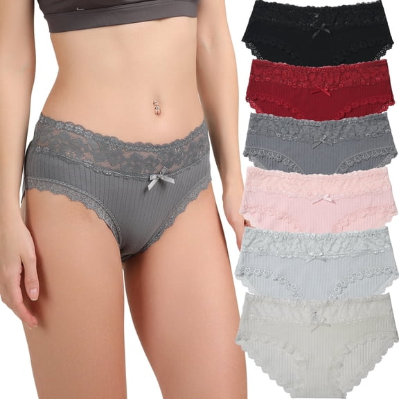 AWAYTR Women Cotton Underwear Sexy Lace Bikini Panties Cotton Hipster Briefs 6 Pack S-XL
