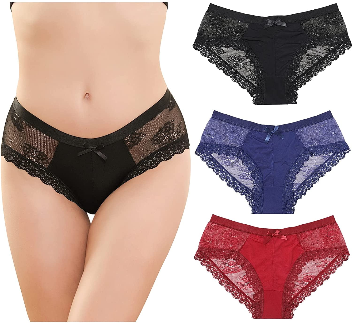 LEVAO Womens Bikini Panties Underwear Lace Hipster Seamless Sexy Hi Cuts 3  Pack S-2XL 