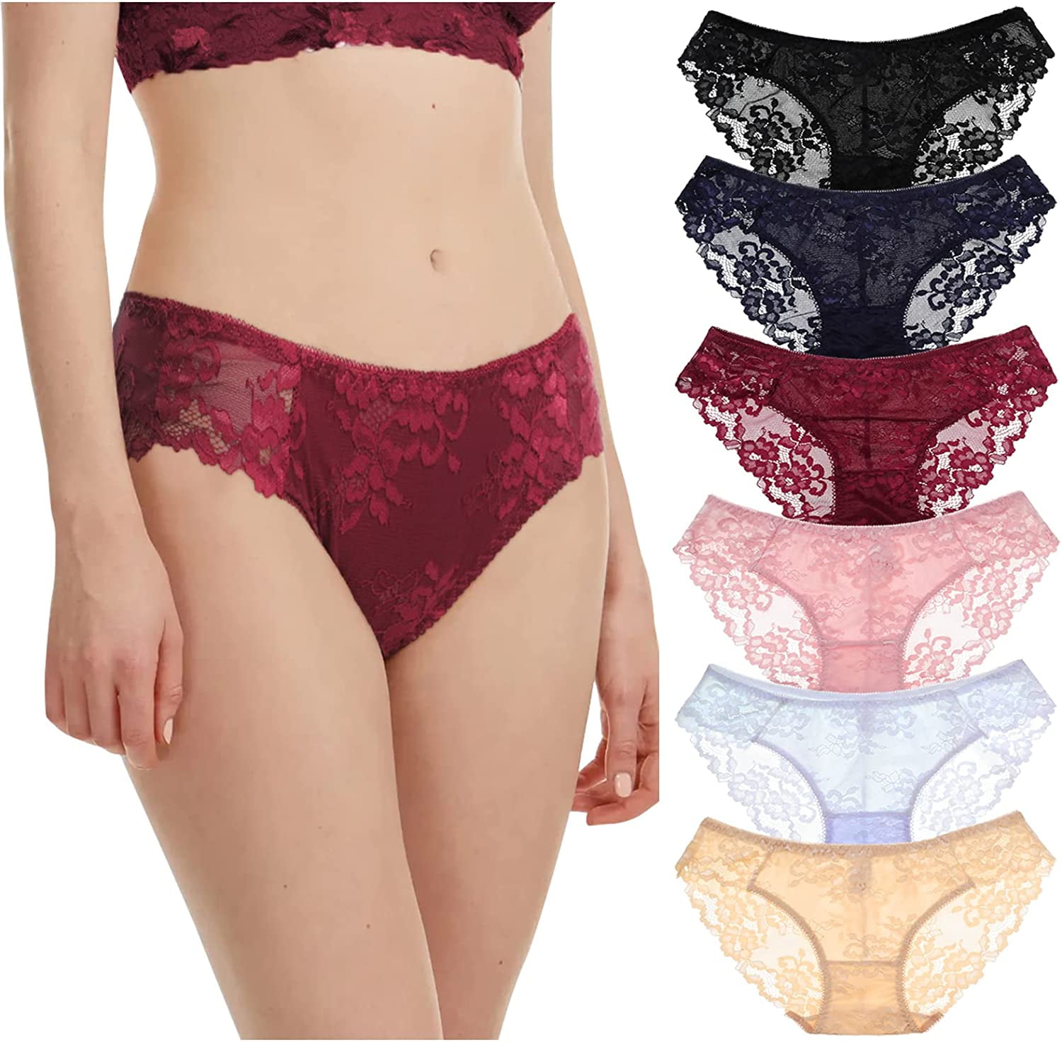 LEVAO Womens Sexy Underwear Flower Lace Cheeky Panties Seamless Lingerie  Bikini 6 Pack S-XL 