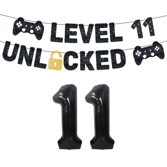 LEVEL11UNLOCKED Game Theme 11th Birthday Decorations Set - Black & Gold Party Supplies