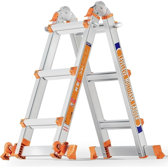 LEVELEVE 11FT Multi Position Ladder,A Frame 5 Step Ladder with Stabilizer Bar & Wheels,330 lbs Security Load Extension Ladder for Stairs Home Indoor Outdoor Roof
