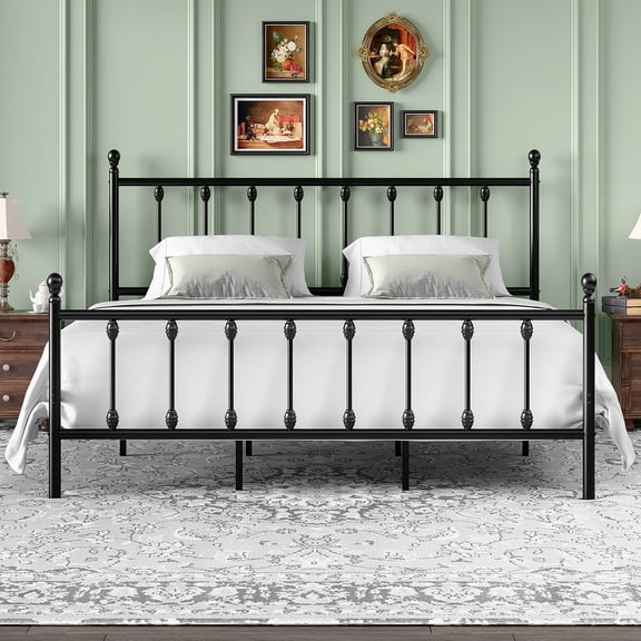 LEVELEVE 14 Inch King Size Metal Platform Bed Frame with Headboard and Footboard, Victorian Vintage Style, Underbed Storage, No Box Spring Needed, Easy Assembly, Black